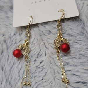 Gold-Tone Red Pearl Drop Earrings with Crystal Leaves